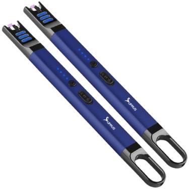 Imagem de SUPRUS Isqueiro elétrico de vela à prova de vento recarregável USB sem chamas com luz LED para acampamento e churrasco (azul, 2 unidades)