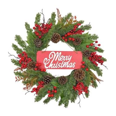 Imagem de shamjina Guirlanda artificial de Natal de 19,69 polegadas com luz para porta da frente, decoração redonda de Natal, ornamento pendurado para festival