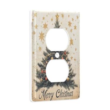 Imagem de Blueangle Placa de parede de tomada dupla para árvore de Natal vintage, tamanho padrão, placas de cobertura de tomada elétrica de 1 gangue para decoração de quarto de escritório em casa, 4,53 x 2,76