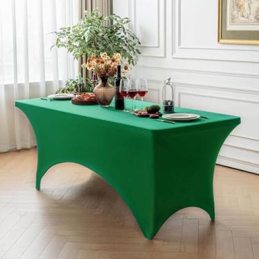 Imagem de FOLINS&HOME Toalha de mesa retangular verde esmeralda de 1,8 m com elástico, resistente à água, lavável e lavável para mesas de 1,8 m, toalha de mesa elástica para casamentos, banquetes, festas
