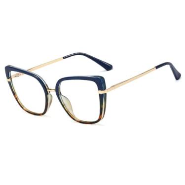 Imagem de Óculos de grau de titânio com armação de plástico estilo olho de gato feminino (C3Azul-Leopardo)