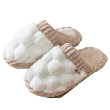 Imagem de Chinelos femininos de pelúcia, sapatos antiderrapantes para uso interno com forro de lã macia para o inverno, Branco, 37