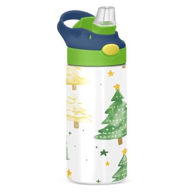 Imagem de YETTASBIN Garrafa de água de árvore de Natal para crianças, 340 g, à prova de vazamento, parede dupla, isolada, copo de viagem com tampa de canudo para meninas, meninos e crianças