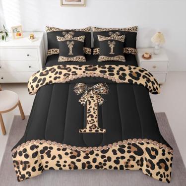 Imagem de Conjunto de edredom solteiro com estampa de leopardo com letra I | Conjunto de cama de 7 peças com laço de guepardo Coquete, moderno, moderno, moderno, em uma bolsa, conjunto de colcha de cama com