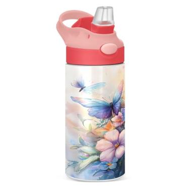 Imagem de xigua Buquê floral em aquarela infantil garrafa de água com canudo – copo de aço inoxidável à prova de vazamento de 340 g para esportes, creche