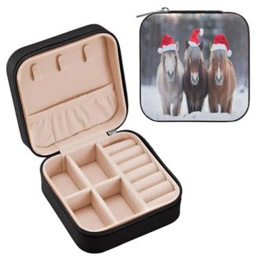 Imagem de Wassud Estojo de joias de viagem com três cavalos em miniatura, chapéus de Papai Noel, para mulheres, meninas, senhoras, noiva, mini organizador de joias de couro PU, caixa quadrada de armazenamento