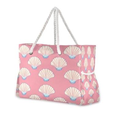 Imagem de Wassud Bolsa de praia grande com estampa de concha para mulheres, impermeável, à prova de areia, bolsa de viagem com zíper e bolso para piscina, academia, acampamento