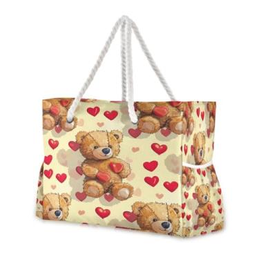 Imagem de Wassud Bolsa de praia com urso fofo grande, bolsa de praia para mulheres, impermeável, à prova de areia, bolsa de viagem com zíper e bolso para piscina academia acampamento