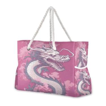 Imagem de Wassud Bolsa de praia em aquarela dragão chinês grande bolsa de praia para mulheres, impermeável, à prova de areia, bolsa de viagem com zíper e bolso para piscina academia acampamento