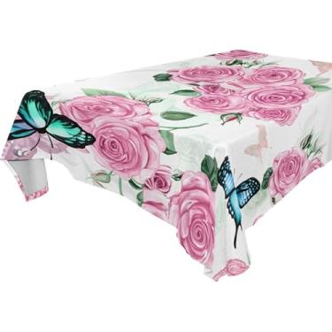 Imagem de Burbuja Toalha de mesa de rosas borboletas, toalha de mesa retangular, anti-rugas, grossa para decoração de jantar, cozinha, festa, 137 x 183 cm