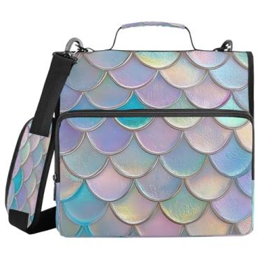 Imagem de STAYTOP Fichários de 3 anéis com zíper com alça de ombro, organizador de fichário de 3,8 cm, pasta expansível resistente à água com vários bolsos para escola e escritório - escamas arco-íris sereia