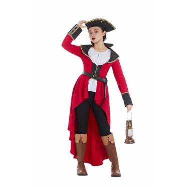 Imagem de Cosplay.fm Fantasia de pirata feminina capitã jaqueta vitoriana gótica vintage com chapéu e cinto (vermelho, GG)