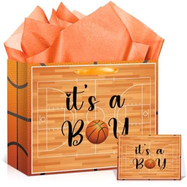 Imagem de Bolsa de presente de aniversário para chá de bebê de basquete para meninos e crianças, laranja, bolsa de lembrancinha de festa com alça de papel de embrulho e cartão comemorativo, grande, bola