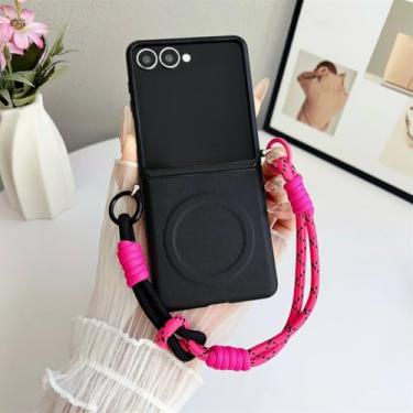 Imagem de Capa magnética para celular em couro fosco com alça de pulso para Samsung Galaxy Z Flip 7 FE 6 4 3 5G (para Galaxy Z Flip 7 FE/Preto)