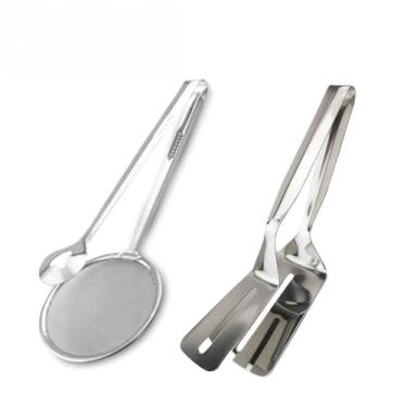 Imagem de Kit 2 Pegador Inox Fritura Escumadeira + Espátula Dupla Cozinha Para Carne Ovo Salada (Escumadeira + Espátula 2Uni)