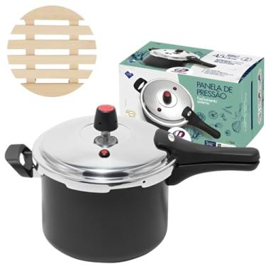 Imagem de Panela de Pressão 4,5 Litros Antiaderente Fechamento Externo + Descanso de Panela Redondo Madeira 14,5cm