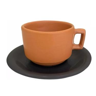 Imagem de Xícara de Chá c/Pires Cerâmica Rústica 200 ml (Terracota com Preto)