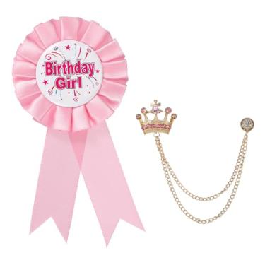 Imagem de PATIKIL Broche de botão de mulher de aniversário, alfinetes de crachá de fita de prêmio de tecido de cetim e broche de corrente pendurada em coroa para decoração de festa de aniversário, One Size