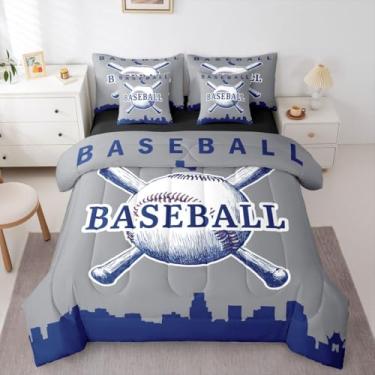 Imagem de Erosebridal Jogo de cama de beisebol em uma bolsa de softball, tamanho casal, com lençol e jogos esportivos, conjunto de cama de 7 peças, para crianças, meninos, adolescentes e homens, cinza
