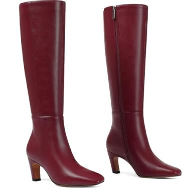 Imagem de Botas femininas cano alto salto gatinho bico quadrado longo botas de couro sintético salto baixo moda vestido de panturrilha larga/casual botas elásticas com zíper lateral, Ma1111/Borgonha, 38