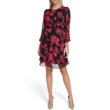 Imagem de Calvin Klein Vestido feminino de chiffon, manga comprida, gola redonda, comprimento até o joelho, multicor, 50