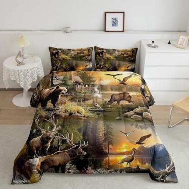 Imagem de Conjunto de edredom King com estampa de casa de fazenda, retrô, rústico, para decoração de quarto de crianças, meninos, meninas, urso, veado, pássaro, 3 peças, conjunto de colcha vintage, tema de