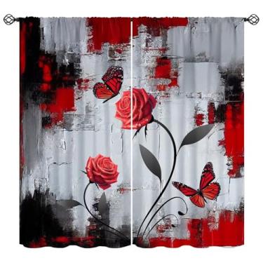 Imagem de Cortinas abstratas de flores de rosas vermelhas, borboletas, natureza, romântica, floral, preto, vermelho, dia dos namorados, decoração de varão, para meninas, mulheres, quarto, cozinha, café