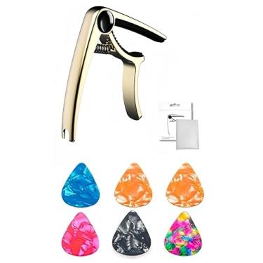 Imagem de VEDO Capotraste para guitarra, adequado para guitarras acústicas e elétricas - ouro rosa/preto, com 6 palhetas. (Dourado)