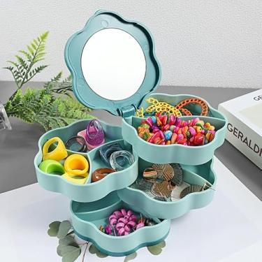 Imagem de Caixa de joias rotativa de grande capacidade com espelho, caixa de armazenamento de joias rotativa de 4 camadas para pulseiras, anéis, brincos, presente para mulheres (verde)
