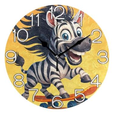 Imagem de GAIGEO Relógio de parede analógico decorativo estético silencioso sem tique-taque relógio de cozinha rústico, decoração de parede de sala de estar moderna, desenho animado engraçado amarelo zebra, 25