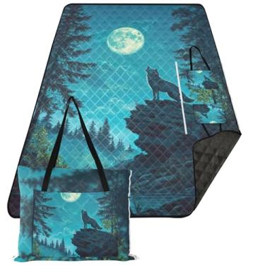 Imagem de TSENQUE Mantas de areia de lua uivando lobo para praia à prova de areia, tapete de acampamento infantil estampado para grama rosa cobertor de piquenique dobrável, 203 x 152 cm