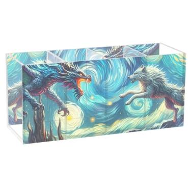 Imagem de TSENQUE Porta-lápis de acrílico personalizado dragão lobo noite estrelada para mesa, organizador de escritório, pincel de maquiagem, decoração de escritório, acessórios de mesa