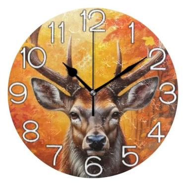 Imagem de GAIGEO Relógio de parede decorativo analógico para sala de aula, relógio de escritório, estético, silencioso, sem tique-taque, decoração de parede, arte, veado, outono, amarelo, 25 cm, ponteiros