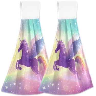 Imagem de TSENQUE Majestic Unicorn Wings Toalha de mão pendurada para cozinha conjunto de 2, toalhas de cozinha macias e absorventes de animais florais fofas decorativas, 46 x 35 cm