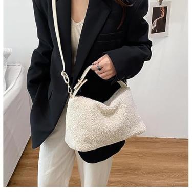 Imagem de Sacola branca felpuda para senhoras, bolsa de mão ajustável, alça de couro, bolsas transversais, bolsas femininas, Branco, Casual