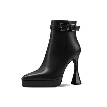 Imagem de TinaCus Bota feminina de couro genuíno com fivela de salto alto com zíper e bico fino feita à mão com plataforma, Preto, 37