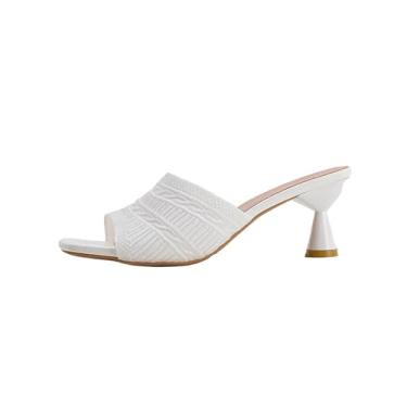 Imagem de Sandália feminina casual de uma tira de bico quadrado de malha superior de salto baixo confortável para primavera verão plus size, Branco, 36