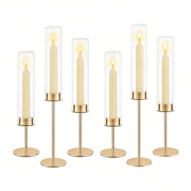Imagem de GYZCOKY Conjunto de castiçais dourados para 6 castiçais cônicos de vidro, castiçal Hurricane para mesa central, casa, casamento, jantar, festa, aniversário (6)