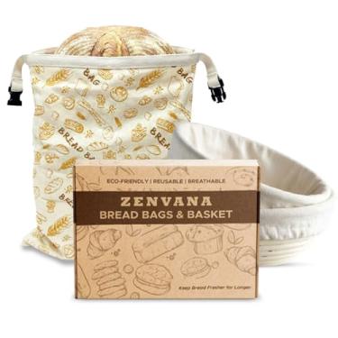 Imagem de Banneton Cesta à prova de pão de 23 cm redonda com forro de linho e saco de pão – Kit de suprimentos para assar massa fermentada | Cesta de impermeabilização de massa de vime natural, ferramentas para