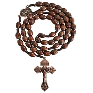 Imagem de Bovemee Rosário de bolso para medalha de São Bento, contas de madeira marrom católica com medalha de san benitol e crucifixo, 23 cm, 9 Inch, Madeira, Sem Pedra Preciosa
