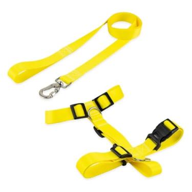 Imagem de Peitoral H Ajustável com Guia 1,30m para Cães – Confortável, Antifuga e Resistente | Coleira Peitoral para Cachorro(Kit Amarelo,PP)