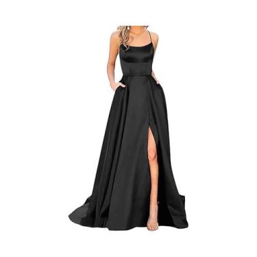 Imagem de Vestido Longo De Madrinha Azul Marinho Com Alças Finas E Fenda Para Mu