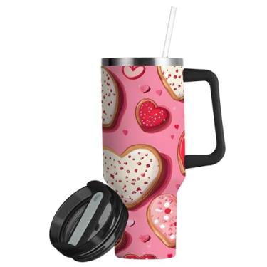 Imagem de ATTX Copo de coração de 850 g com alça, copo de aço inoxidável a vácuo de parede dupla com palha, caneca de café de viagem isolada #321