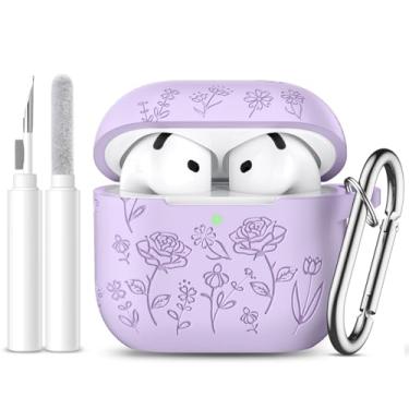 Imagem de Dgege Capa para AirPods 4 (2024), linda capa de flor gravada compatível com Apple Airpods 4, capa protetora de silicone macio para AirPods 4, capa com chaveiro e kit de limpeza para mulheres, homens