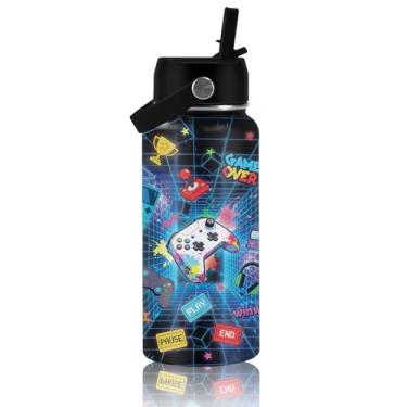 Imagem de Presentes de jogos para meninos e meninas, garrafa de água gamepad de 947 ml com tampa de canudo - Garrafas de água isoladas de aço inoxidável, sem BPA, à prova de vazamento, reutilizável para