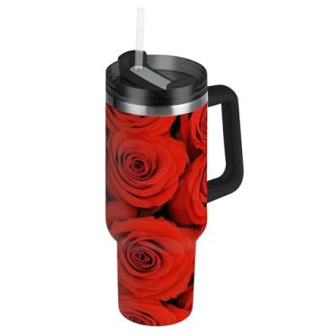 Imagem de ATTX Copo bonito de rosa vermelha de 1,134 g com alça, copo de aço inoxidável a vácuo de parede dupla com palha, caneca de café de viagem isolada #284