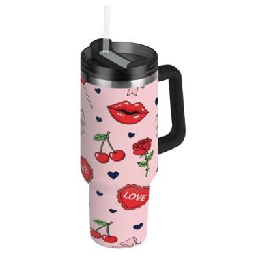 Imagem de ATTX Copo de cerejas vermelhas de 1,134 g Dia dos Namorados com alça, copo de aço inoxidável a vácuo de parede dupla com palha, caneca de café de viagem isolada #347