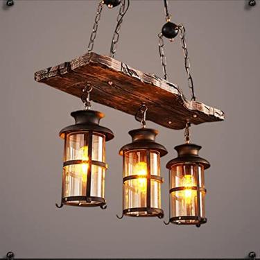 Imagem de Luminária pendente de madeira, estilo vintage, industrial, preta, lustre retrô de metal, altura ajustável, lâmpadas E27, 3 lâmpadas, para sala de estar, sala de jantar, cozinha, bar, mesa de
