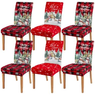 Imagem de bnhjsdw Conjunto de 6 capas de cadeira de Natal – borda elástica elástica, protetores de cadeira vermelhos removíveis, adequados para cadeiras de sala de jantar/cozinha