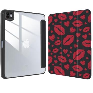 Imagem de Capa para iPad de 11 polegadas (A16) 11ª 2025/10,9 polegadas 10ª geração 2022 com suporte para lápis, lábios vermelhos femininos coração preto couro transparente capa protetora traseira acrílica